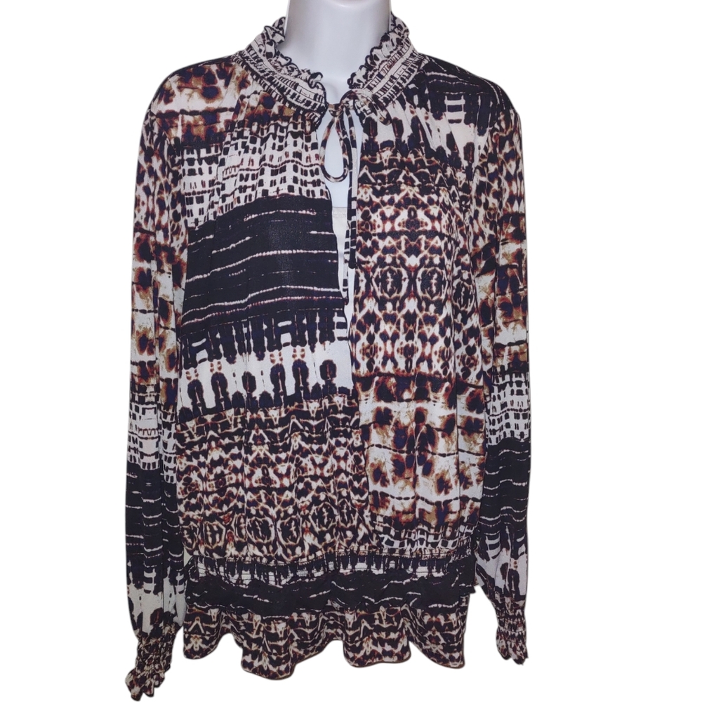 Cato  Blouse Peasant Tie Neck Elastic Stretch Long Sleeve  Multicolor spandex L